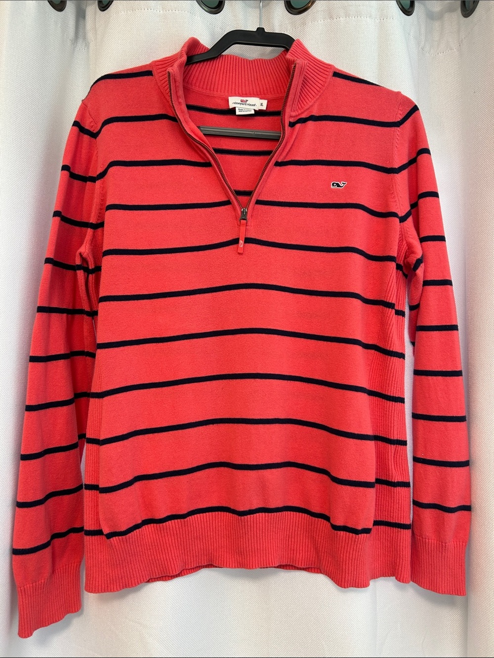 Vineyard Vines Coral and Navy Striped Half-Zip Pullover